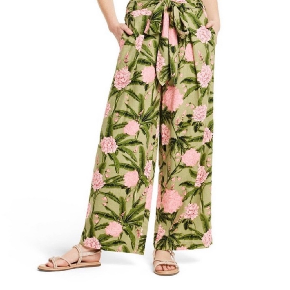 Agua Bendita Olive Green Wide-Leg Floral Pants with Pink Flowers
